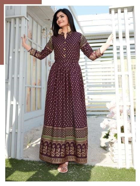 Purple Rayon Beautiful Golden Printed Long flare Kurti Gown chinese collar Front Buttons with waist belt A857