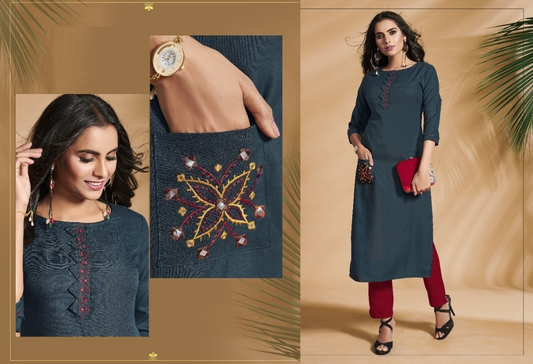 Pine Green Cotton slub kurti with Beautiful Designs Embroidery work Side cut Straight kurti
