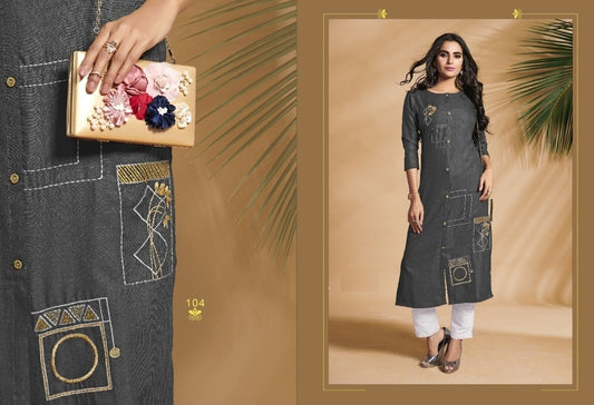 Grey Cotton slub kurti with Beautiful Designs Embroidery work Side cut Straight kurti