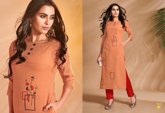 Peach Cotton slub kurti with Beautiful Designs Embroidery work Side cut Straight kurti
