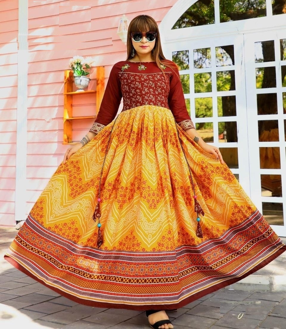Orange & Maroon Rayon Designer Flared Kurti