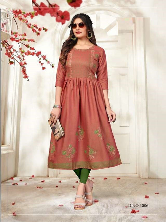 Brown Heavy Rayon Gold Print A Line Kurti