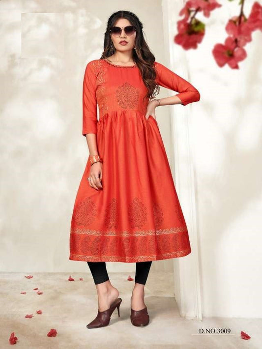 Pink Heavy Rayon Gold Print A Line Kurti