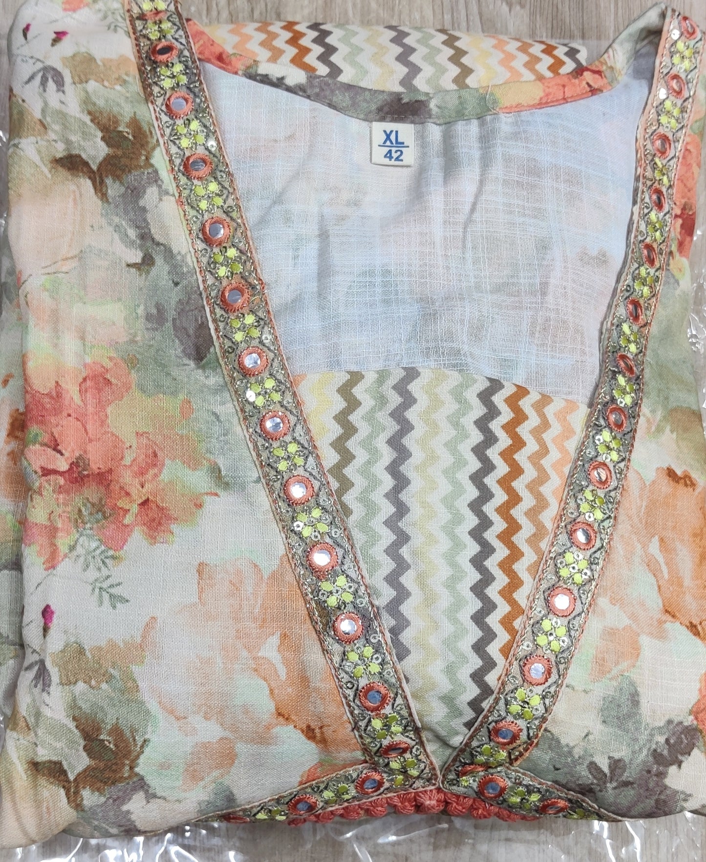 Cream & Orange Flower Printed Alia Cut Suit - 5017