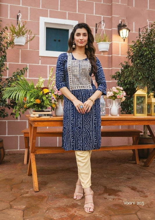Heavy Rayon Blue Bandhani Print  with sober embroidery Kurti A944