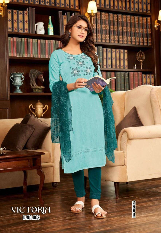 Celeste Blue Viscose Embroidery work kurti and green pant with net Dupatta sets A947