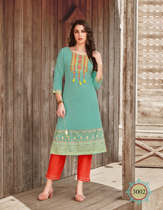 Light Green Heavy Rayon Stylish Fancy foil printed and Embroidery work kurti