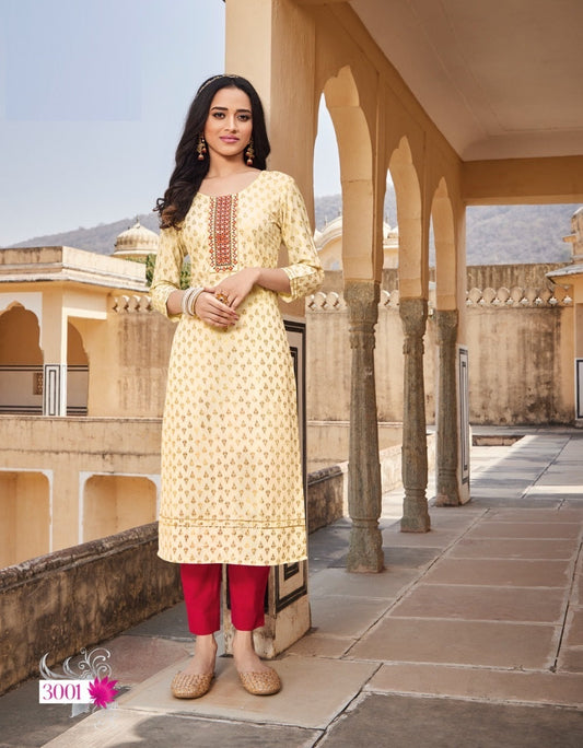 Cream Heavy Rayon Stylish Fancy foil printed and Embroidery work kurti
