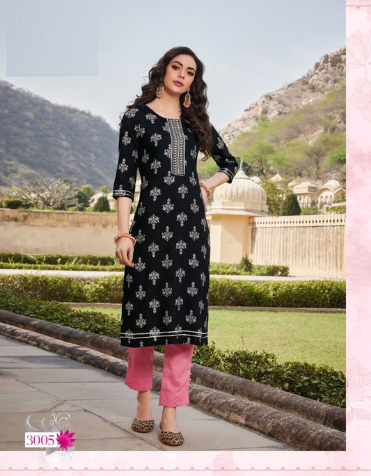 Black Heavy Rayon Stylish Fancy foil printed and Embroidery work kurti