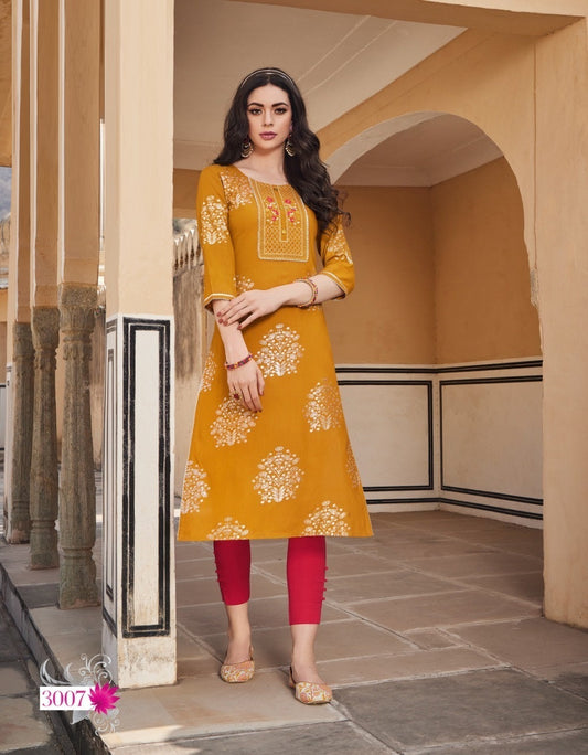 Yellow Heavy Rayon Stylish Fancy foil printed and Embroidery work kurti