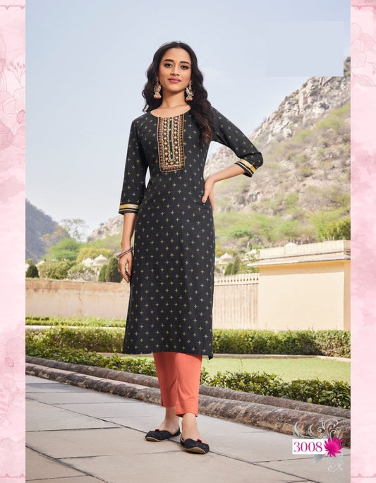 Black Heavy Rayon Stylish Fancy foil printed and Embroidery work kurti A959