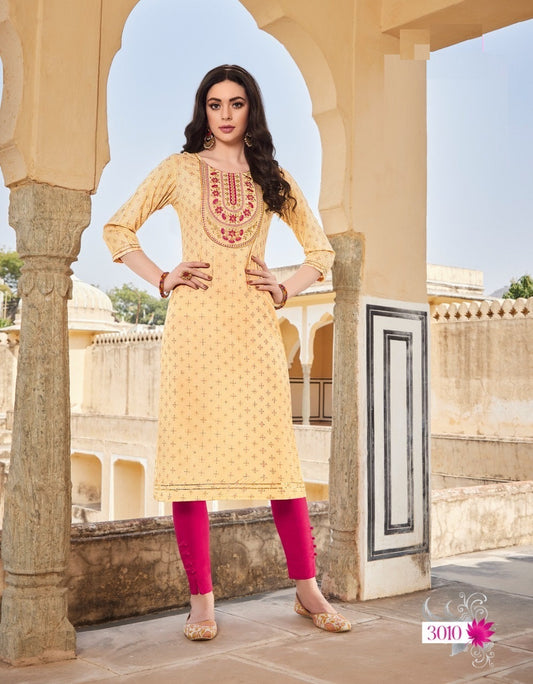 Cream Heavy Rayon Stylish Fancy foil printed and Embroidery work kurti A961