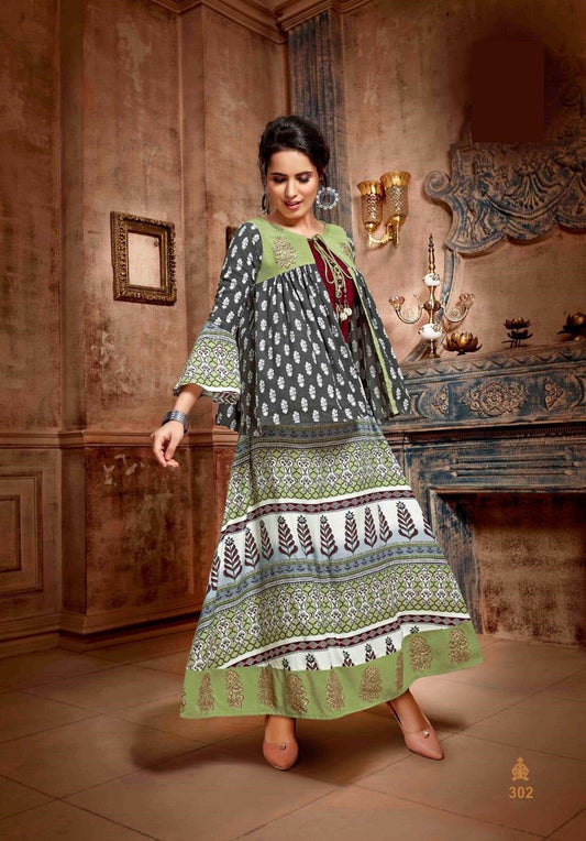 Green and Multicolor Rayon Ethnic Wear Designer party wear Kurti with separate Jacket