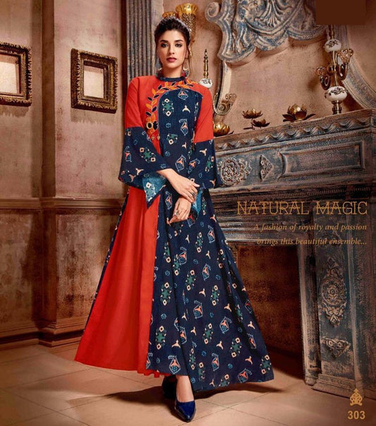 Blue and Multicolor Rayon Ethnic wear Thread Embroidery and Handwork Floor length floral pattern A- line kurti