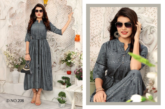 Grey Rayon Gold Print A Line Kurti