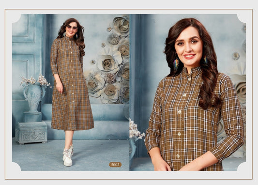 Brown Cotton Chex Design Kurti with chinese collar Front Buttons western wear A- line kurti