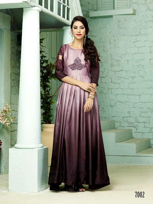 Wine and Light Purple Shaded Silk Anarkali Kurti