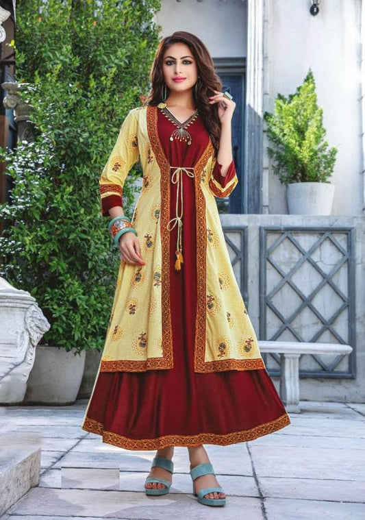 Yellow and Maroon Rayon Embroidery Work Designer Anarkali kurti with attached full shrug