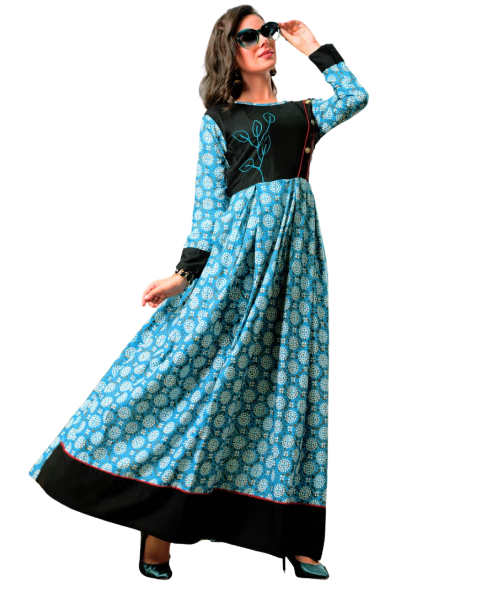 Sky Blue Cotton Embroidery Flared Kurti