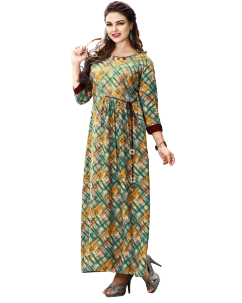 Green Rayon Print Full Length Flared Kurti