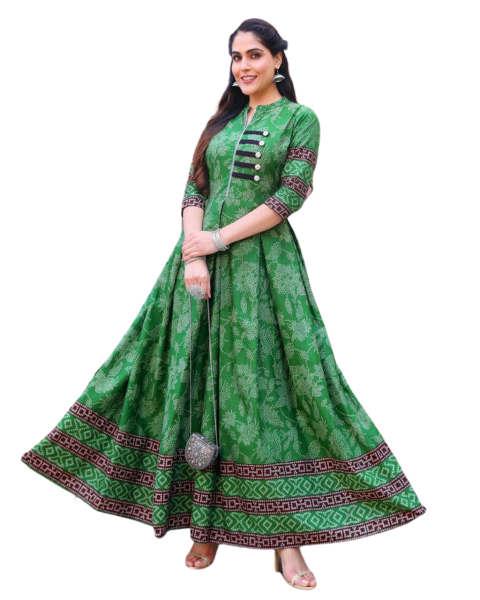 Cotton Printed Flaired Green Kurti/Gown