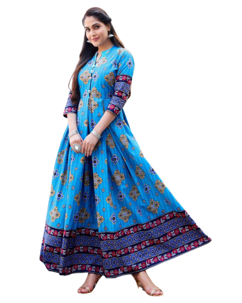 Cotton Printed Flaired Blue Kurti/Gown