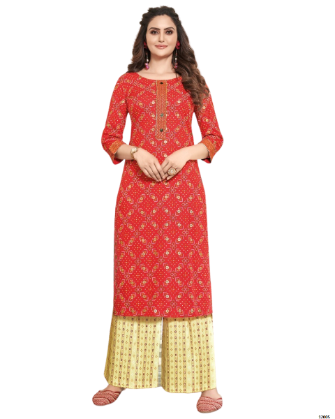 Red and Yellow Classy Printed Stylish Rayon Fancy Embroidery Work Kurti With Palazzo Sets For women