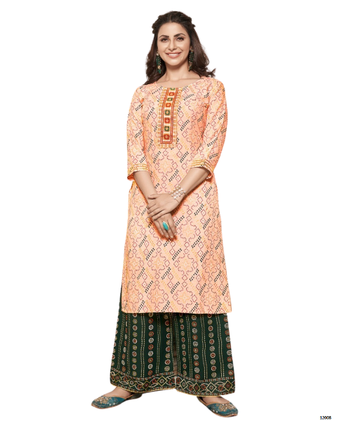 Peach and Green Classy Printed Stylish Rayon Fancy Embroidery Work Kurti With Palazzo Sets For women