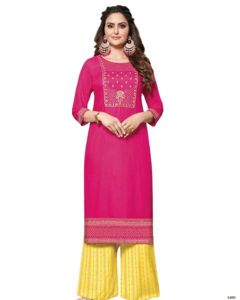 Pink and Yellow Classy Printed Stylish Rayon Fancy Embroidery Work Kurti With Palazzo Sets For women