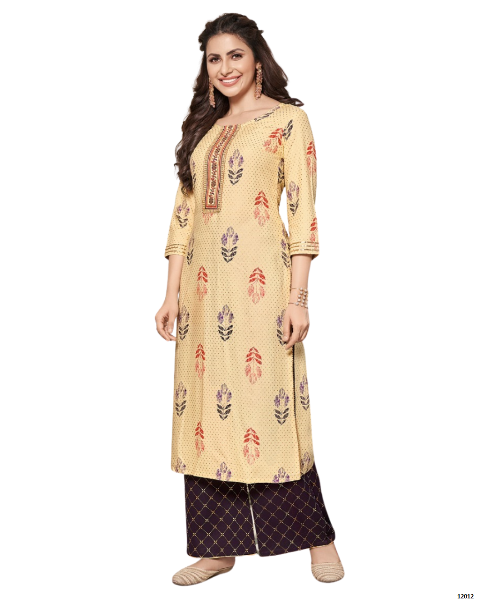 Cream and Purple Classy Printed Stylish Rayon Fancy Embroidery Work Kurti With Palazzo Sets For women