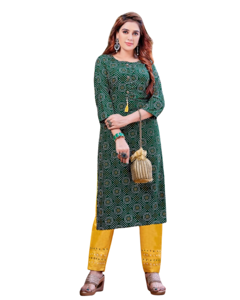 Green And Yellow Trendy cotton bandhej print kurta pant set