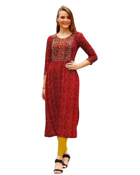 Maroon Bandhej print Embroidery work Casual wear Fancy kurti