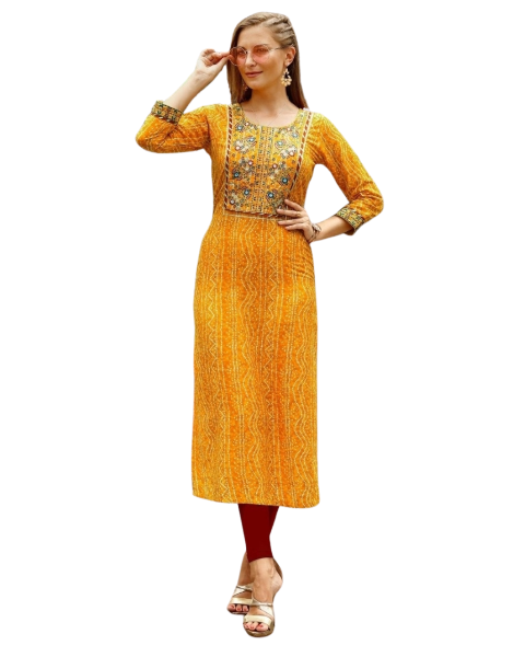 Yellow Bandhej print Embroidery work Casual wear Fancy kurti