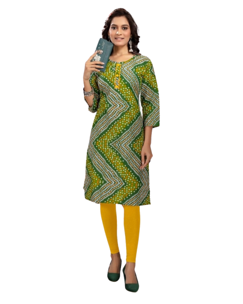 Basil Green Bandhani Beautiful Printed Traditonal wear Women Cotton Kurtis