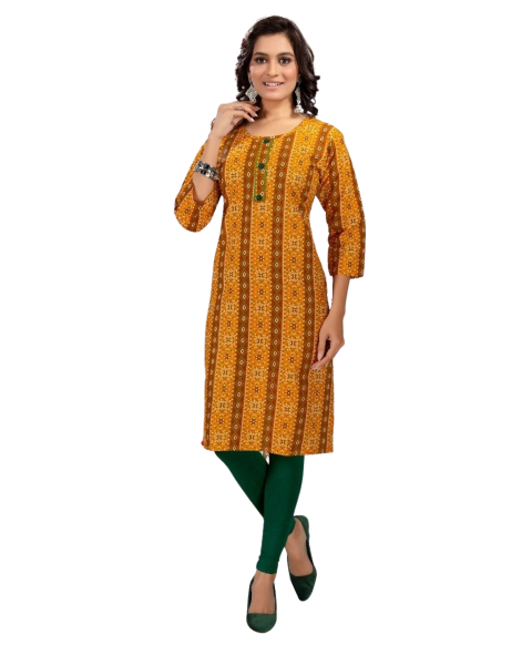Yellow Bandhani Beautiful Printed Traditonal wear Women Cotton Kurtis