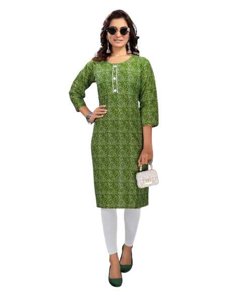 Pickle Green Bandhani Beautiful Printed Traditonal wear Women Cotton Kurtis