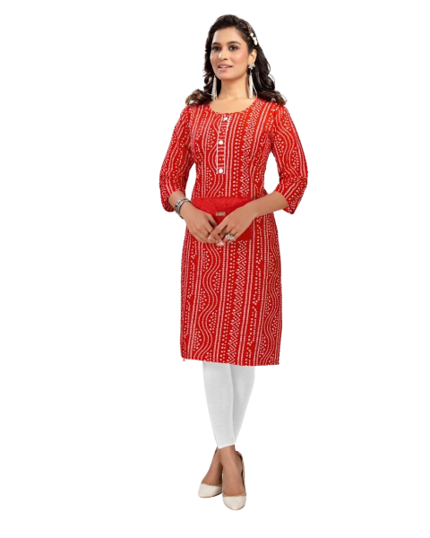Red Bandhani Beautiful Printed Traditonal wear Women Cotton Kurtis