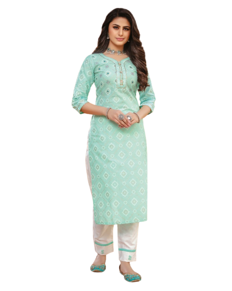 Green Handwork Bandhani Print stylish Rayon Kurti With White Pant set for Women
