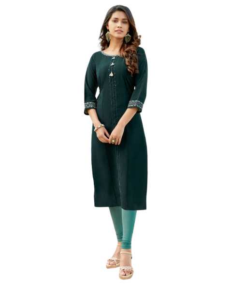 Bottle Green Rayon Embroidery and Handwork Kurti