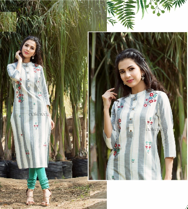 Grey and Off White Strips Handloom Cotton Embroidery Work Kurti