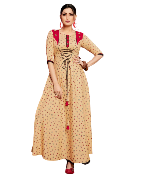 Beige and Red Rayon Embroidery work Long A Line Kurti