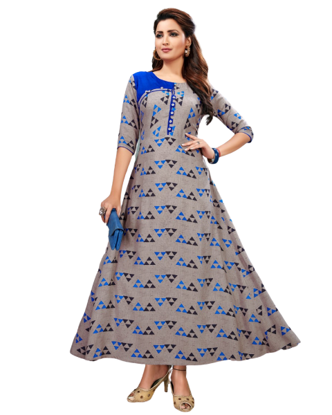 Grey and Blue Rayon Embroidery work Long A Line Kurti