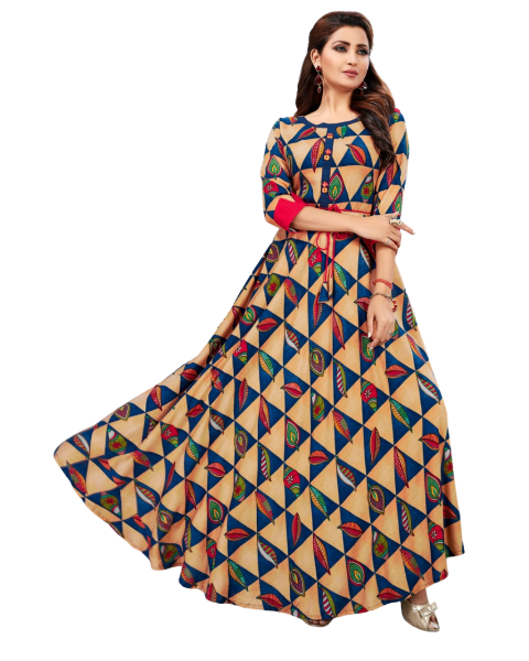 Multicolor Rayon Embroidery work Long A Line Kurti