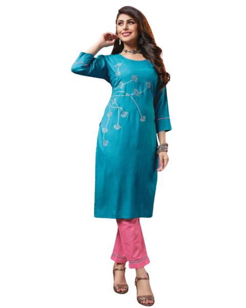 Blue Embroidery work Rayon Kurti with Pink Cotton Flex Pant