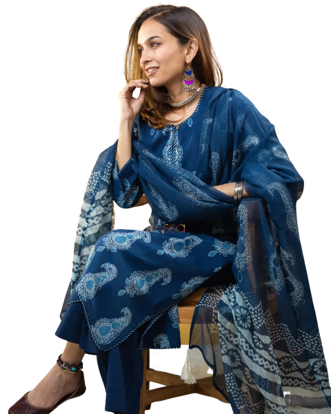 Blue cotton Kurti, pant with malmal dupatta sets