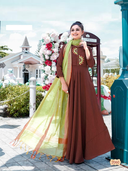 Maroon Rayon Gown With Black Banarasi Jacquard Dupatta