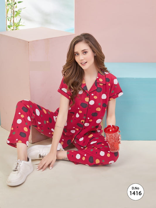 Red Printed Nightsuit in Shirt Pattern-1416