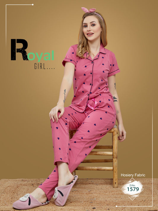 Pink Heart Printed Nightsuit-1579