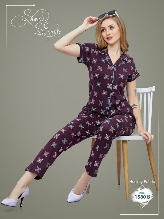Wine Printed Nightsuit-1580B