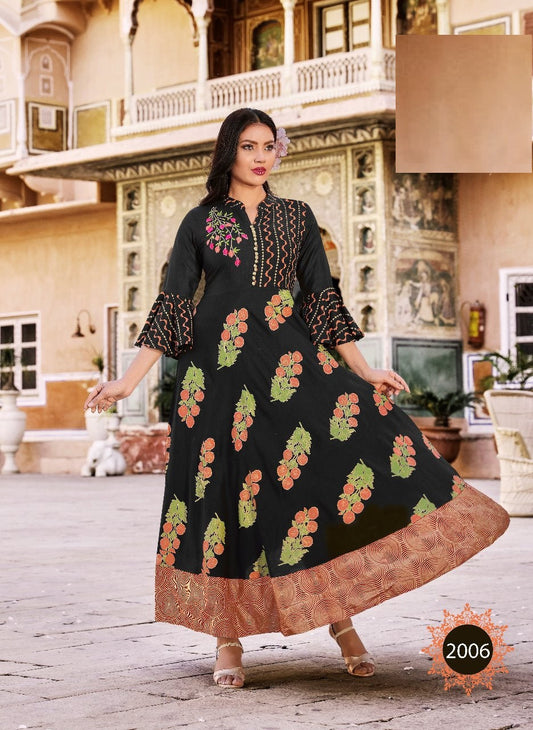 Black Rayon Foli Print Long Kurti/Gown